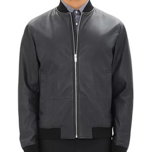 Theory Charcoal Leather Bomber Jacket